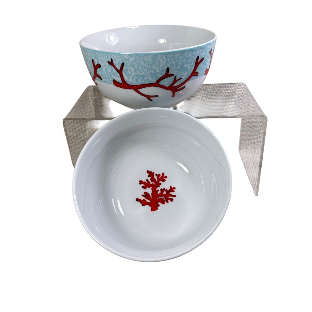 Z Gallerie Coral Dinnerware Bowls Set of 2 Red Aqua Porcelain 6.25" Coastal